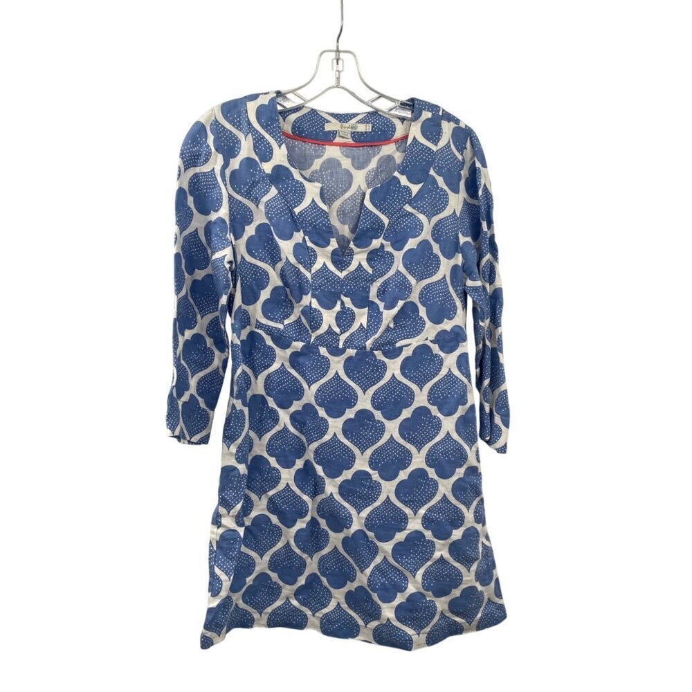 Boden Womens Mini Dress A-Line Blue/White Print 3/4 Sleeve Size 6R Zip